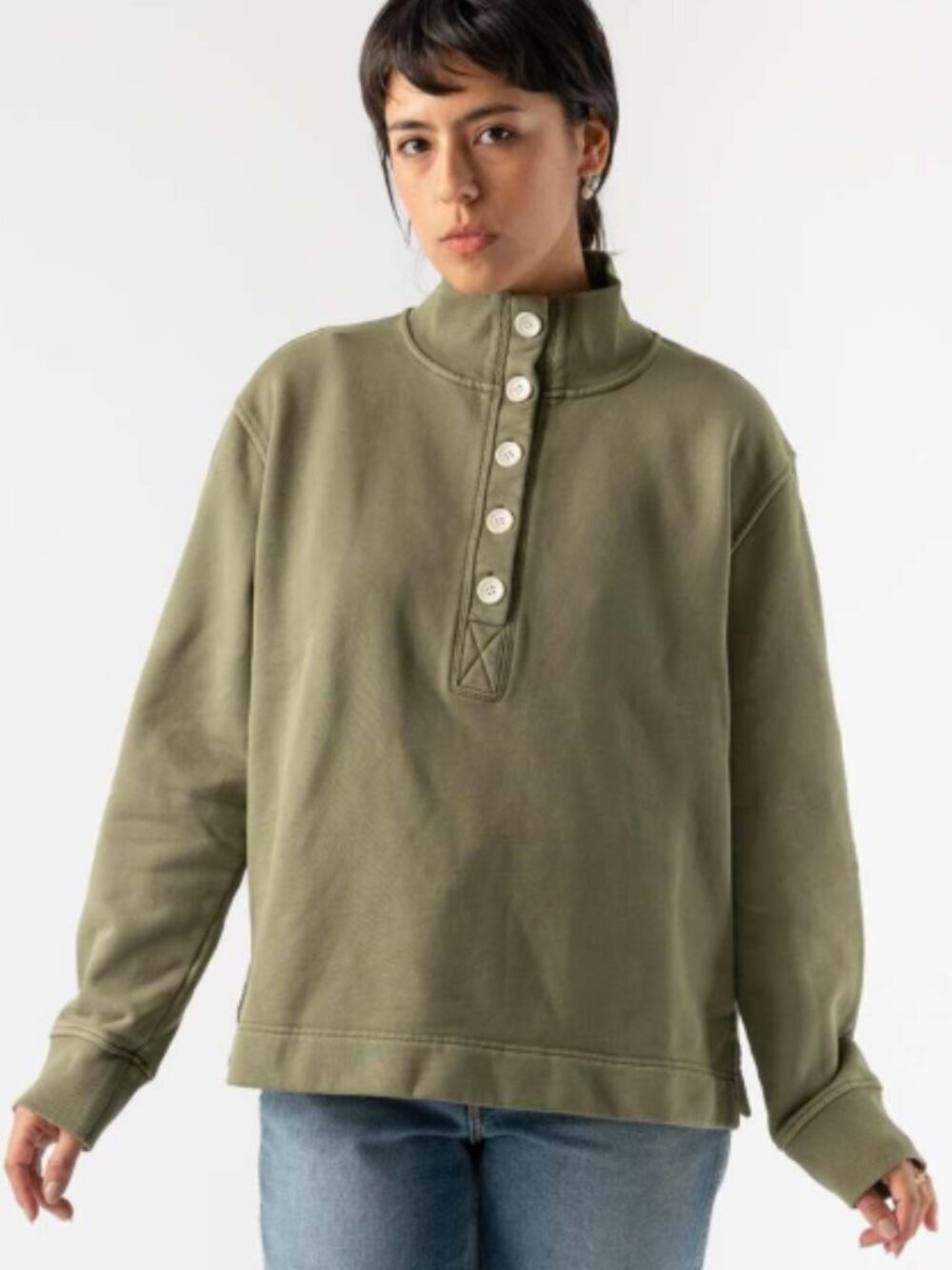 Alex Mill Olive Green Button-Placket Pullover Sweatshirt